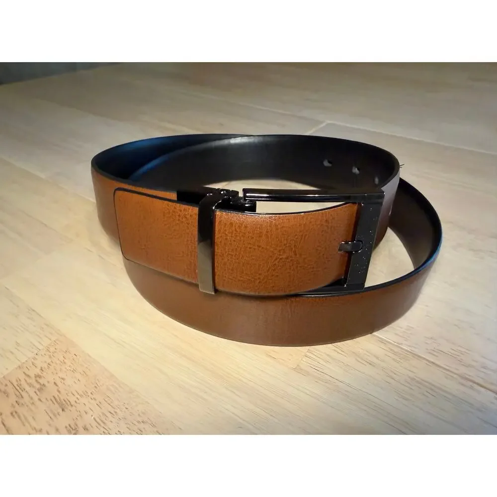 Black Brown Reversible Faux Leather Belt Gunmetal Buckle 38 Minimalist